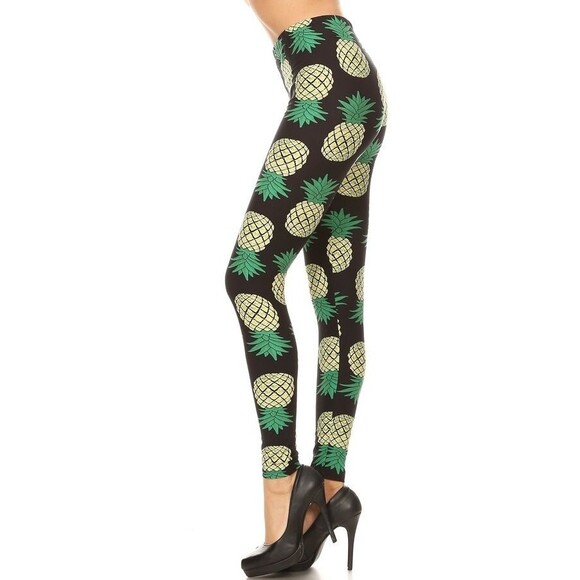 3X-5X/X-Plus‎ Size Women Buttery Soft Green Pineapple Leggings - Picture 1 of 9